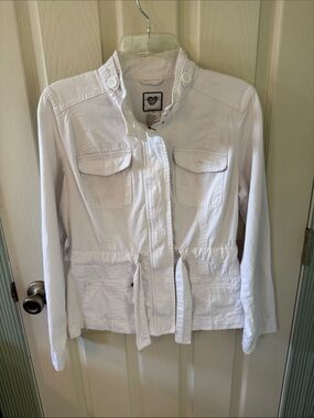 579 Y2K Vintage White Utility Jacket with Stand Collar and Waist Tie
